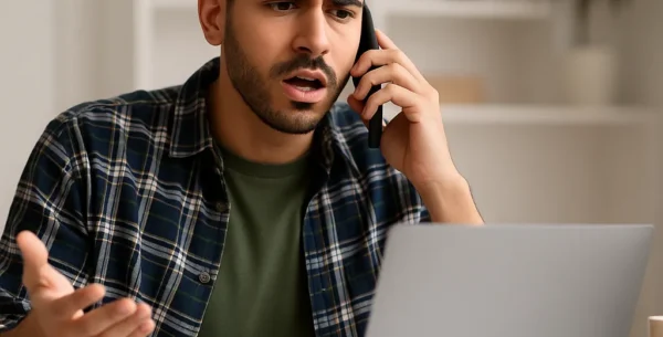 5 Signs You Need A New IT Provider a man sitting at a laptop on the phone to their it provider, frustrated, looking for updates on their outstanding issues