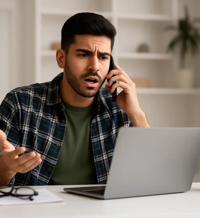 5 Signs You Need A New IT Provider a man sitting at a laptop on the phone to their it provider, frustrated, looking for updates on their outstanding issues