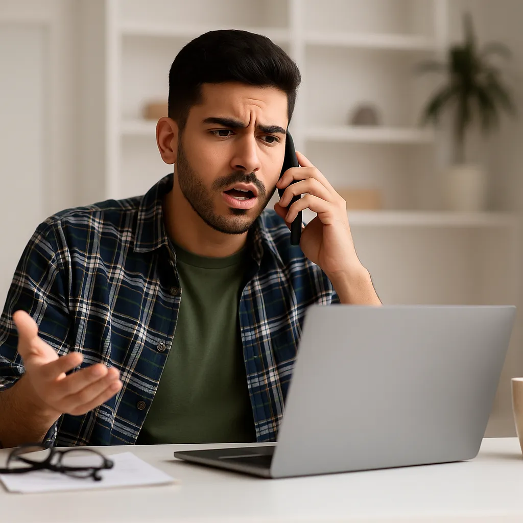 a man sitting at a laptop on the phone to their it provider, frustrated, looking for updates on their outstanding issues