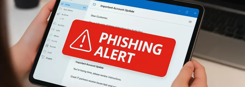 How to Spot a Phishing Email in Under 30 Seconds how to spot a phishing email, a woman holding a tablet device with outlook open, a big red notice that reads 'phishing alert'