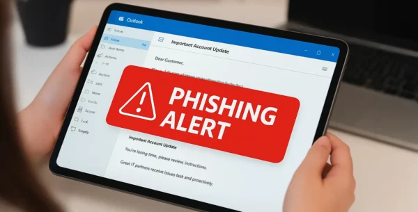 how to spot a phishing email, a woman holding a tablet device with outlook open, a big red notice that reads 'phishing alert'