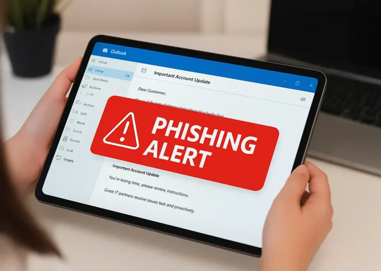 how to spot a phishing email, a woman holding a tablet device with outlook open, a big red notice that reads 'phishing alert'