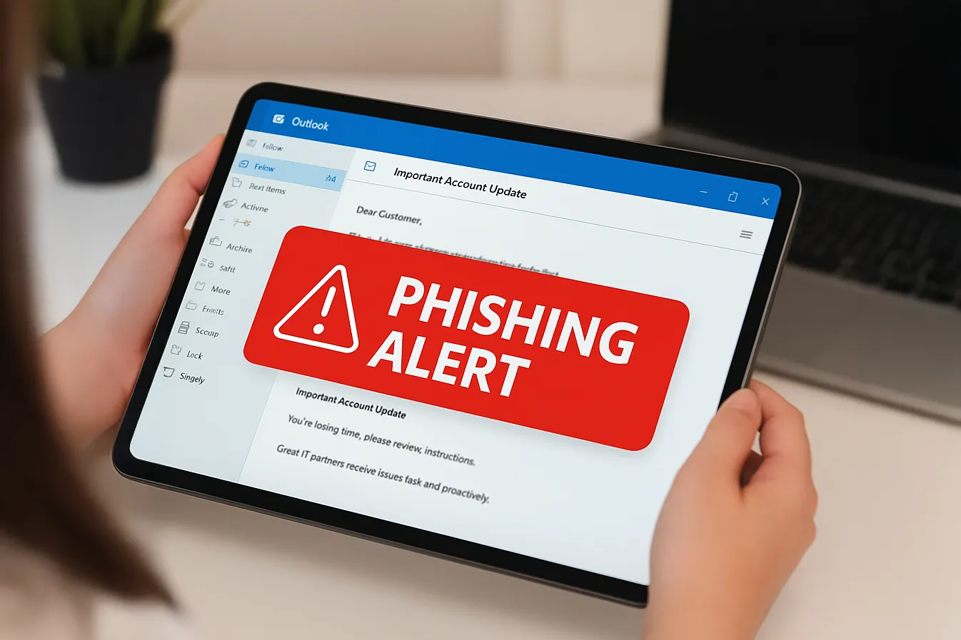 How to Spot a Phishing Email in Under 30 Seconds how to spot a phishing email, a woman holding a tablet device with outlook open, a big red notice that reads 'phishing alert'
