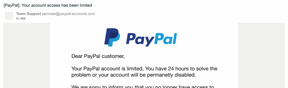How to Spot a Phishing Email in Under 30 Seconds how to spot a phishing email example, a paypal designed email with incorrect spelling of email and urgency language.