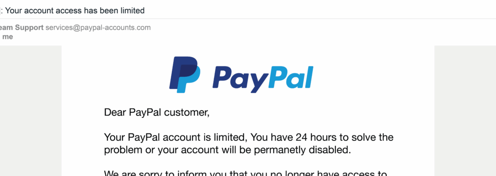 How to Spot a Phishing Email in Under 30 Seconds how to spot a phishing email example, a paypal designed email with incorrect spelling of email and urgency language.