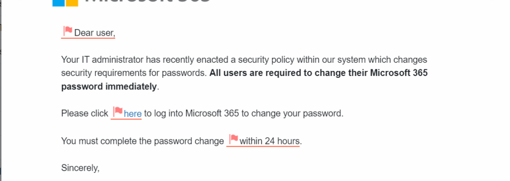 How to Spot a Phishing Email in Under 30 Seconds phishing email example, where there is urgent messaging requesting password update or other personal details.