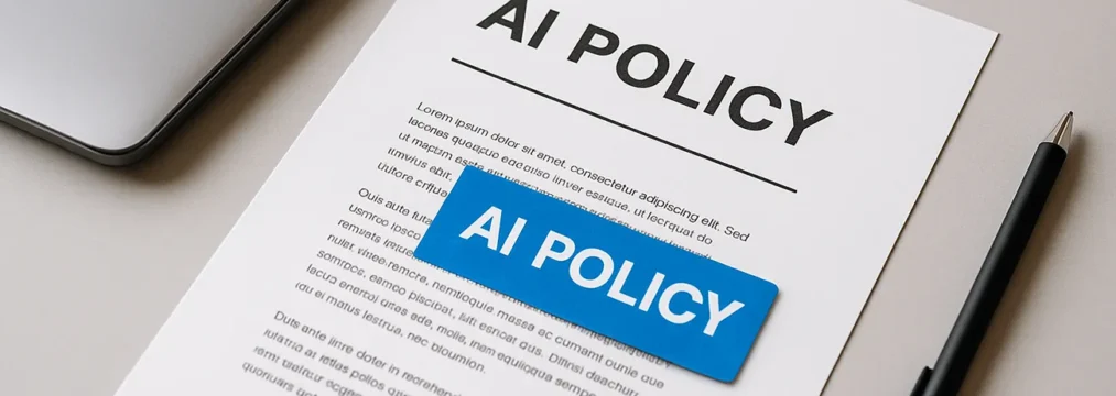 What You Need to Include in an AI Policy an ai policy for your business. a printed document on a desk, titled 'AI POLICY' with text details on the page.