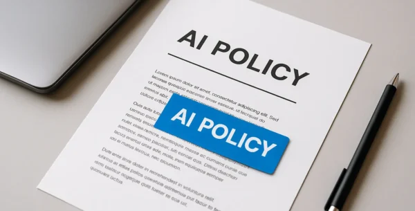 an ai policy for your business. a printed document on a desk, titled 'AI POLICY' with text details on the page.